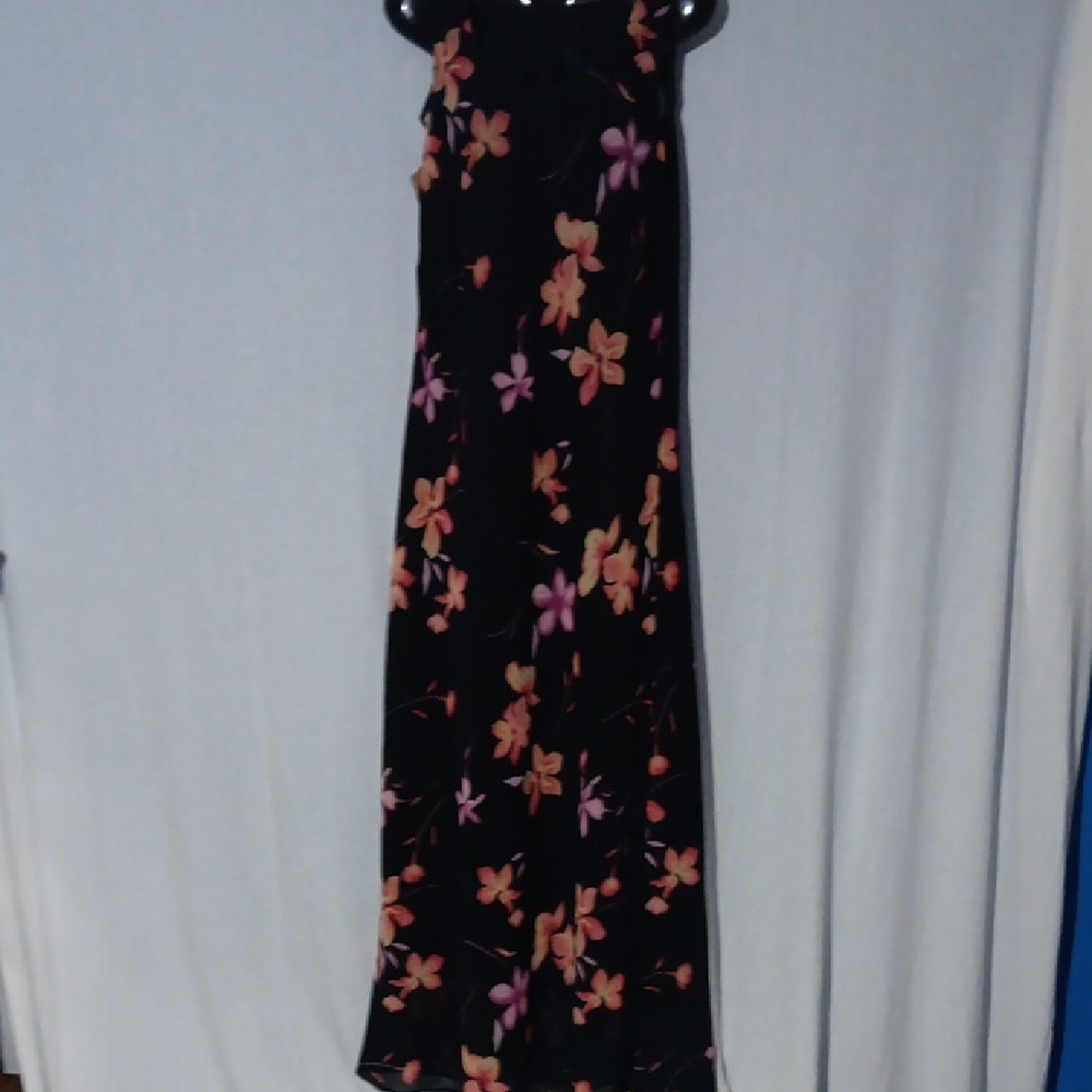 Mary McFadden Vntg Floral Tropical Hibiscus Black Maxi Halter Dress 12